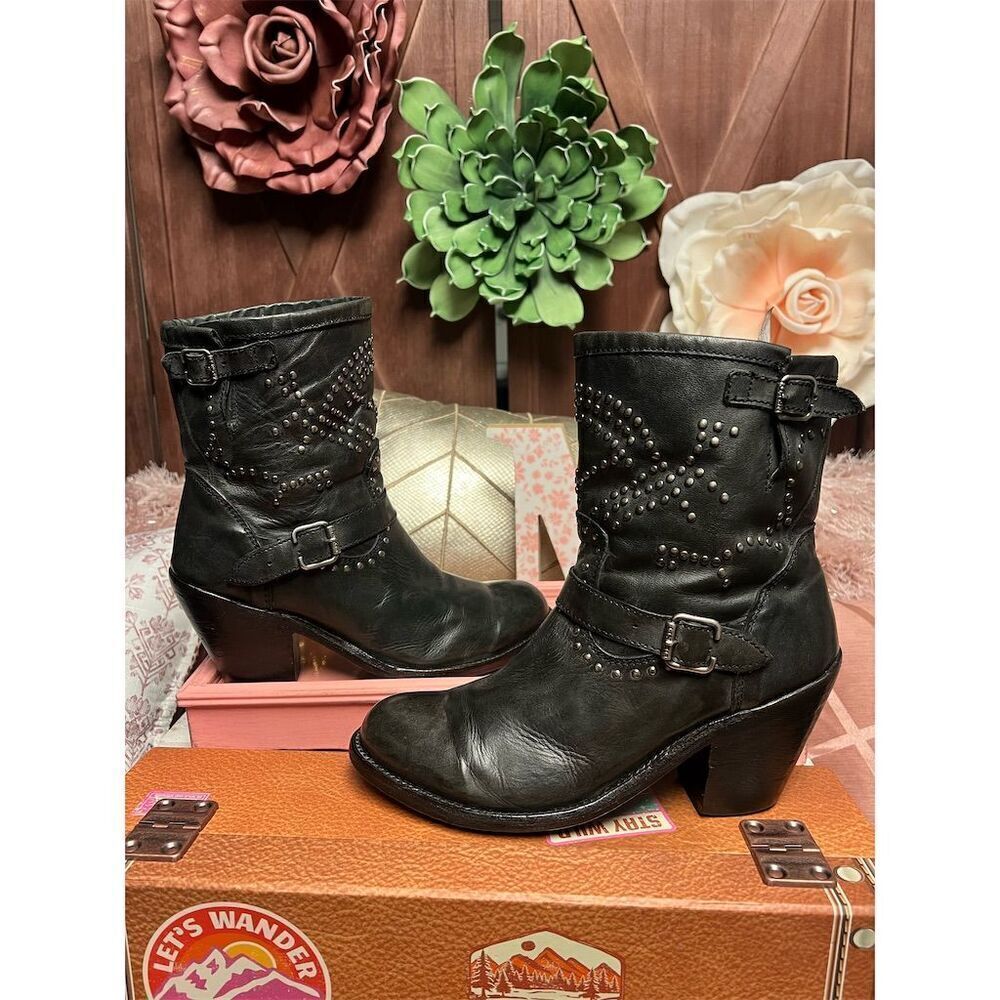 Liberty Black Women's Black Leather Studded Moto Boots Size 9.5 western
